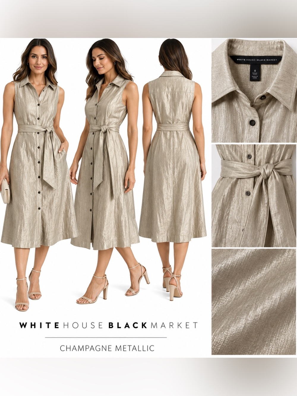 White House Black Market 0 Champagne Metallic Shimmer Belted Shirt Dress EUC